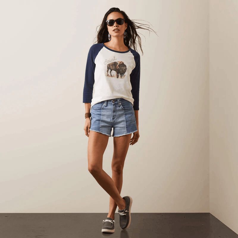 Ariat Painted Dreams Raglan Tee Western Graphic 3/4 Sleeve Coconut Milk Navy Xl